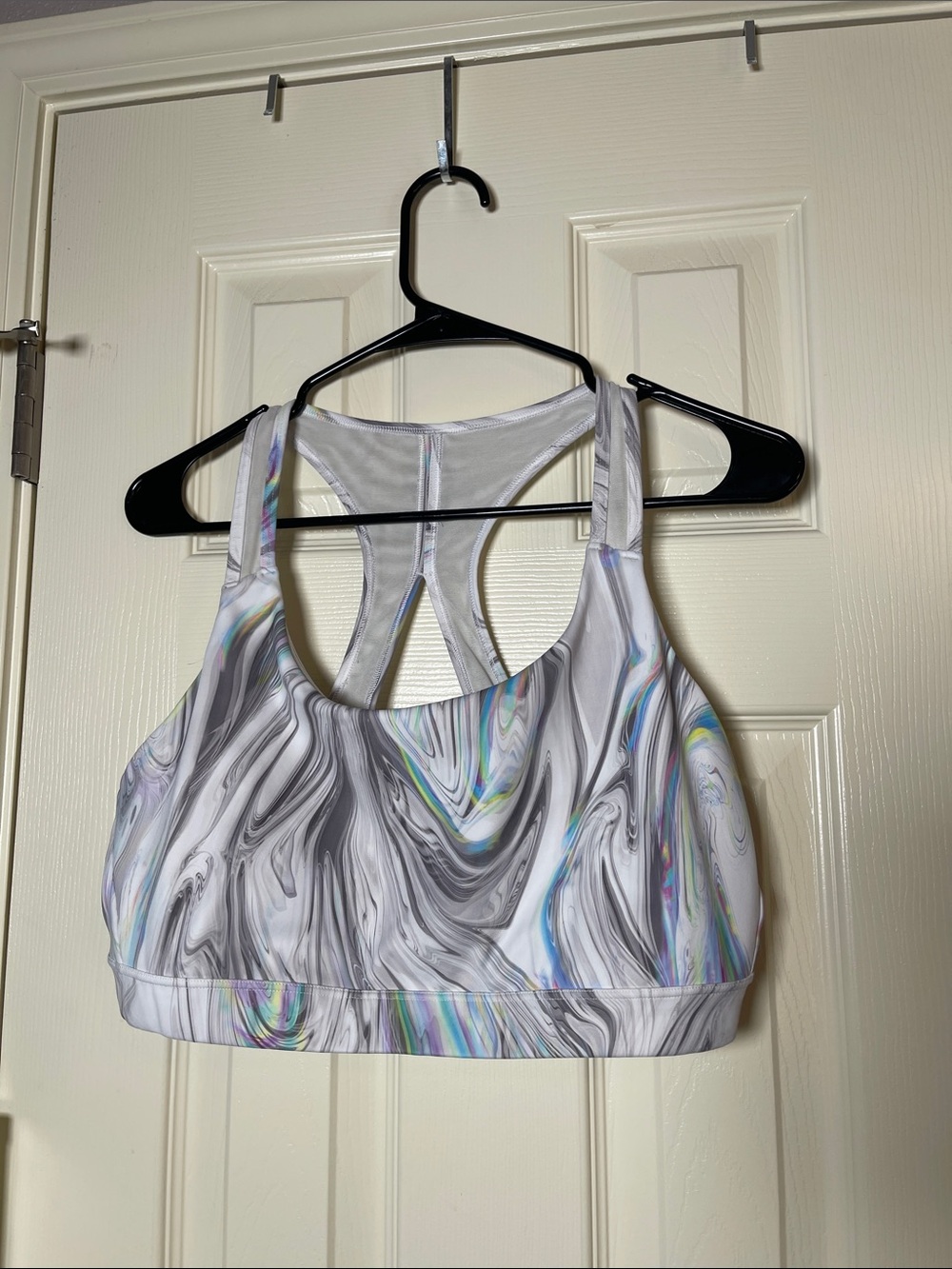 Racerback Marble-Print Sports Bra in White and Gray